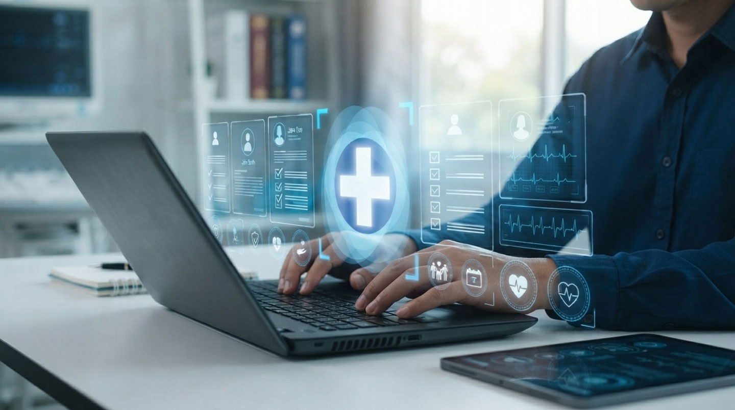 Main d'une femme consultant l'annuaire santé Ameli sur une tablette tactile, interface en français affichée à l'écran avec champs de recherche d'infirmiers