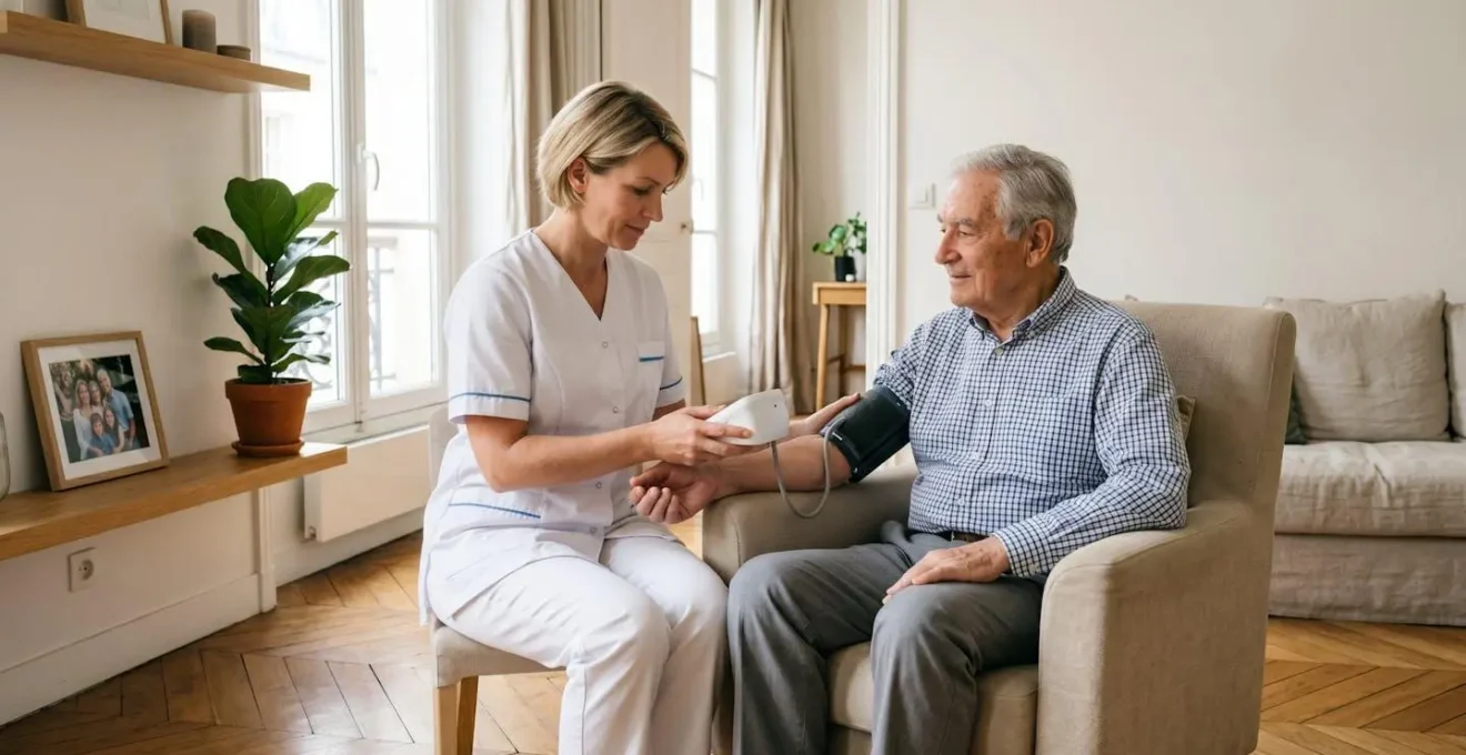 Infirmière libérale en blouse blanche prenant la tension artérielle d'un homme âgé assis dans son salon lumineux, ambiance bienveillante et professionnelle