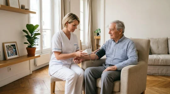 Infirmière libérale en blouse blanche prenant la tension artérielle d'un homme âgé assis dans son salon lumineux, ambiance bienveillante et professionnelle